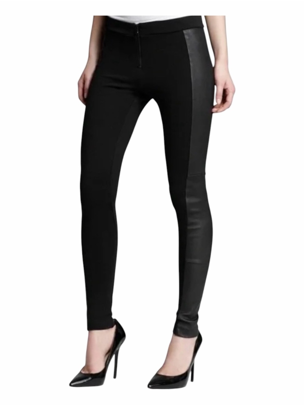 Alice + Olivia Black Lamb Leather Side Panel Moto Zipper Closure Leggings